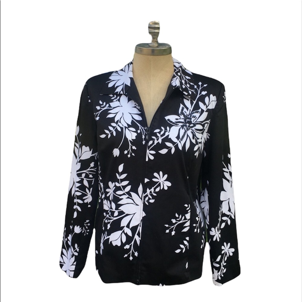 Susan Graver black white cotton zippered jacket M